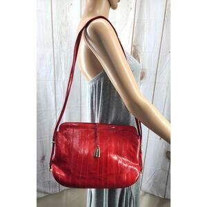 Vintage EEL Skin Shoulder Handbag Burgundy Red Leather & Gold Hardware Purse